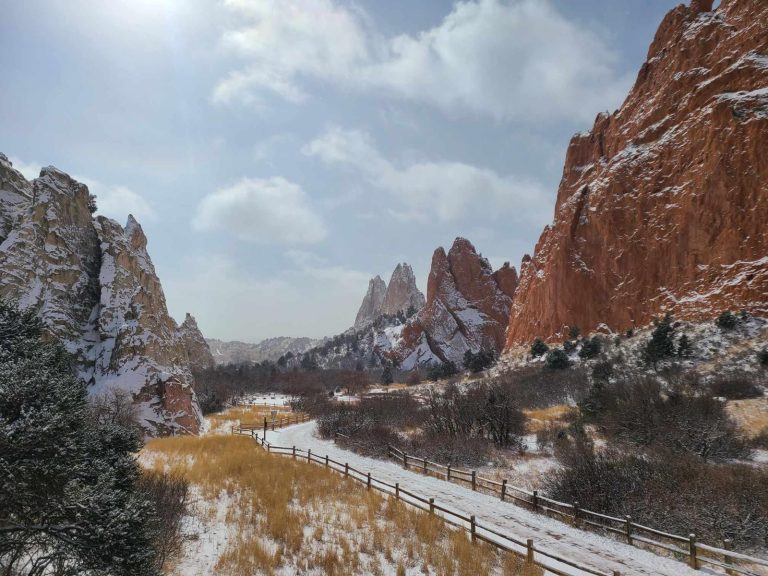 Visiting Garden of the Gods in Winter, snowy path
